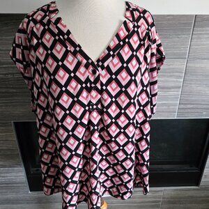 Kenar 2X Geometric Diamond Print Blouse Pink Black Sheer V-Neck Short Sleeve